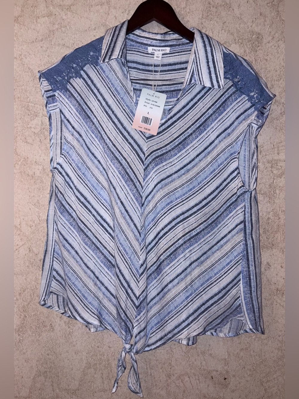Palm Rio Blue Striped Tie-Hem Cap Sleeve Shirt